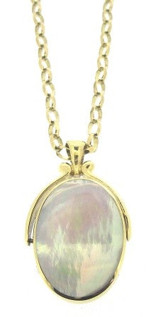 Vintage / Preowned 9ct Yellow Gold Black And White Mother Of Pearl Double Side Fob With Oval Belcher Link Chain 30"