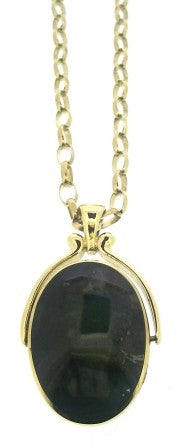 Vintage / Preowned 9ct Yellow Gold Black And White Mother Of Pearl Double Side Fob With Oval Belcher Link Chain 30"