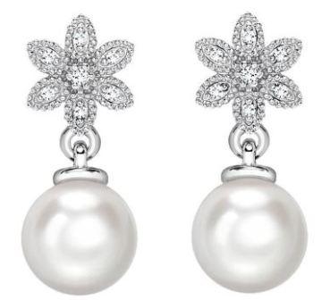 9ct White Gold Cultured Pearl & Diamond Flower Drop Stud Earrings