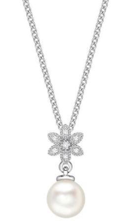 9ct White Gold Cultured Pearl & Diamond Flower Pendant
