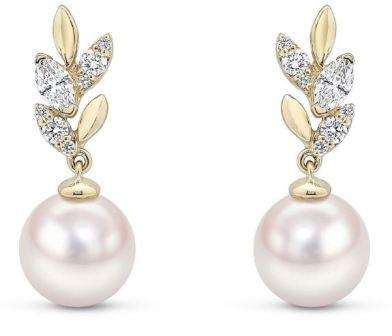9ct Yellow Gold Akoya Pearl & Diamond Leaf Drop Earrings
