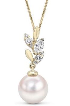 9ct Yellow Gold Akoya Pearl & Diamond Leaf Necklace