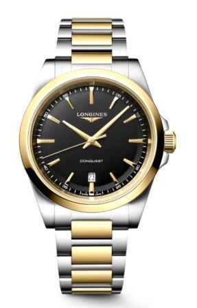 Longines - Gents Conquest Quartz Watch, Stainless Steel And Yellow Gold PVD Plated Bracelet And 41mm Case, Scratch-resistant Sapphire Crystal With Several Layers Of Anti-reflective Coating On Both Sides, Black Dial With Gold Tone Indexes, Date Window
