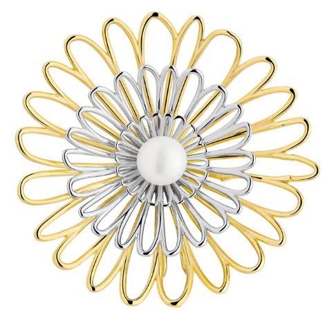 Sterling Silver And Yellow Gold Plated Flower Brooch With Synthetic Pearl