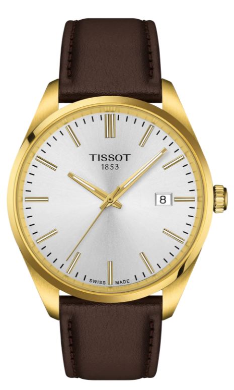 Tissot - Gents PR100 Quartz Watch, Brown Leather Strap, Stainless Steel Yellow Gold PVD Plated 40mm Case,Sapphire Crystal, Silver Dial With Gold Tone Indexes, Date Window