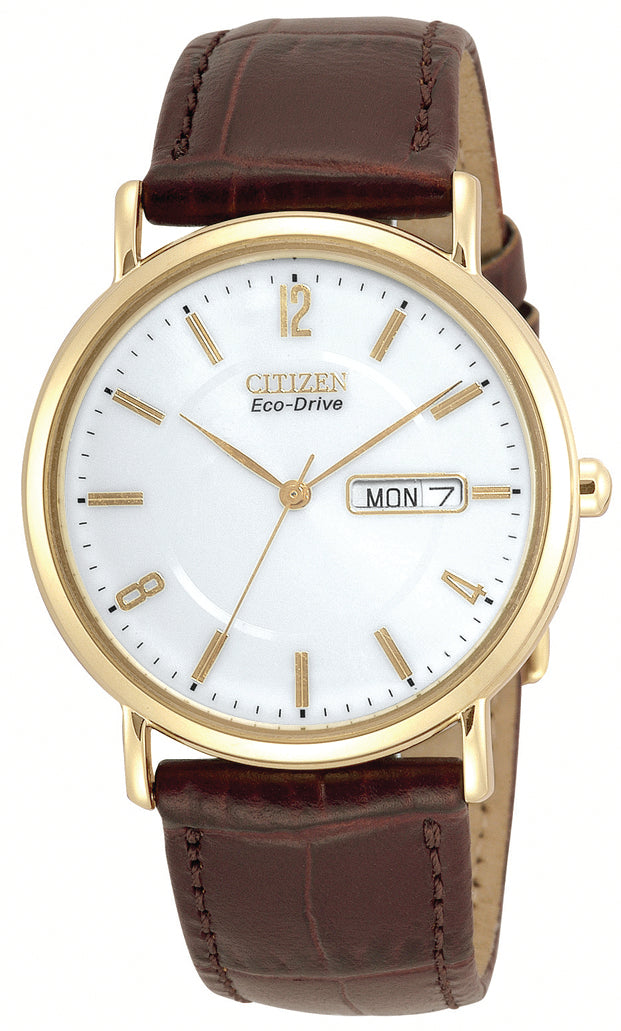 Citizen Corso Day-Date - White Dial, Gold Case, Brown Leather Strap, 36mm
