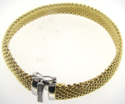 Silver Yellow Gold Plated Polish Mesh Bracelet with Cubic Zirconia Set Clasp - 19.5cm