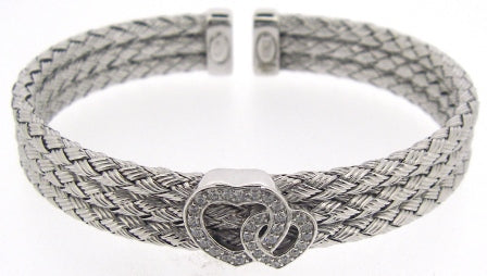 Silver 3-Row Plated Torque Bangle with Feature Cubic Zirconia Set Hearts