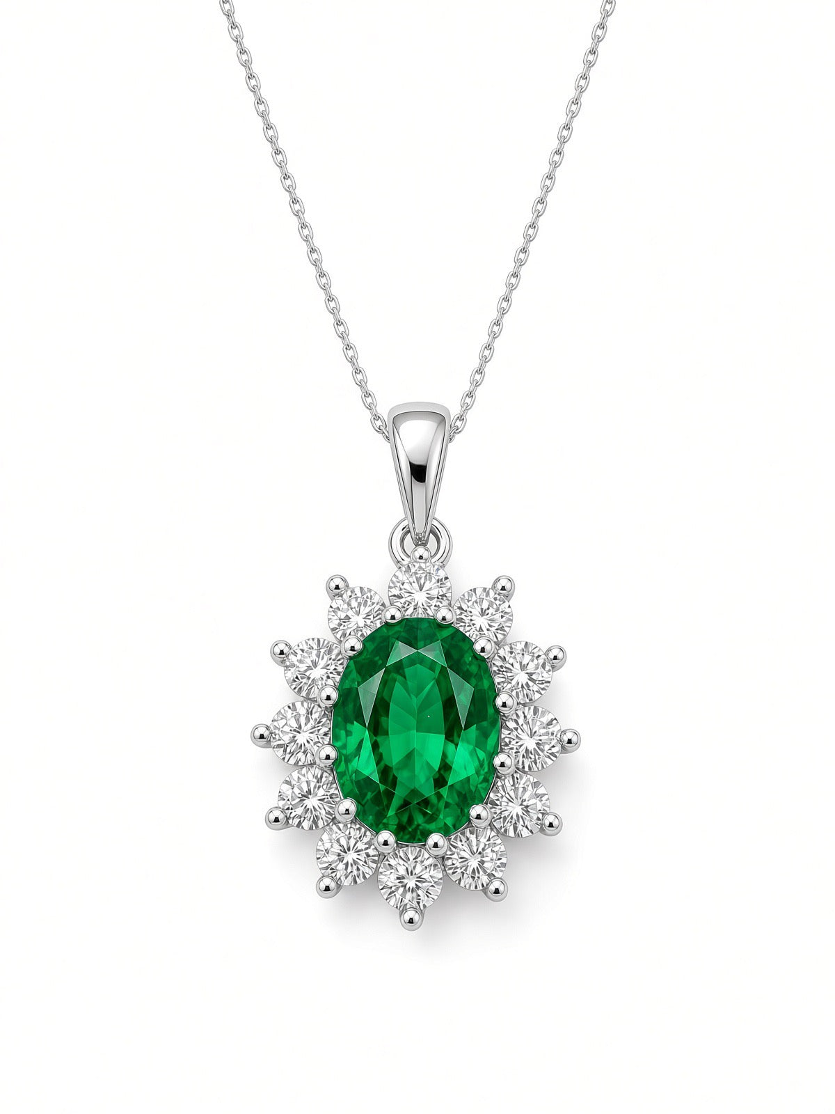 9ct White Gold Created Emerald/Cubic Zirconia Pendant 17-18"