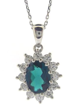 9ct White Gold Created Emerald/Cubic Zirconia Pendant 17-18"