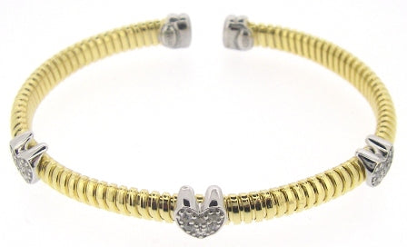 Silver & Yellow Gold Plated 5mm Spiral Bangle with 3x Cubic Zirconia Set Hearts