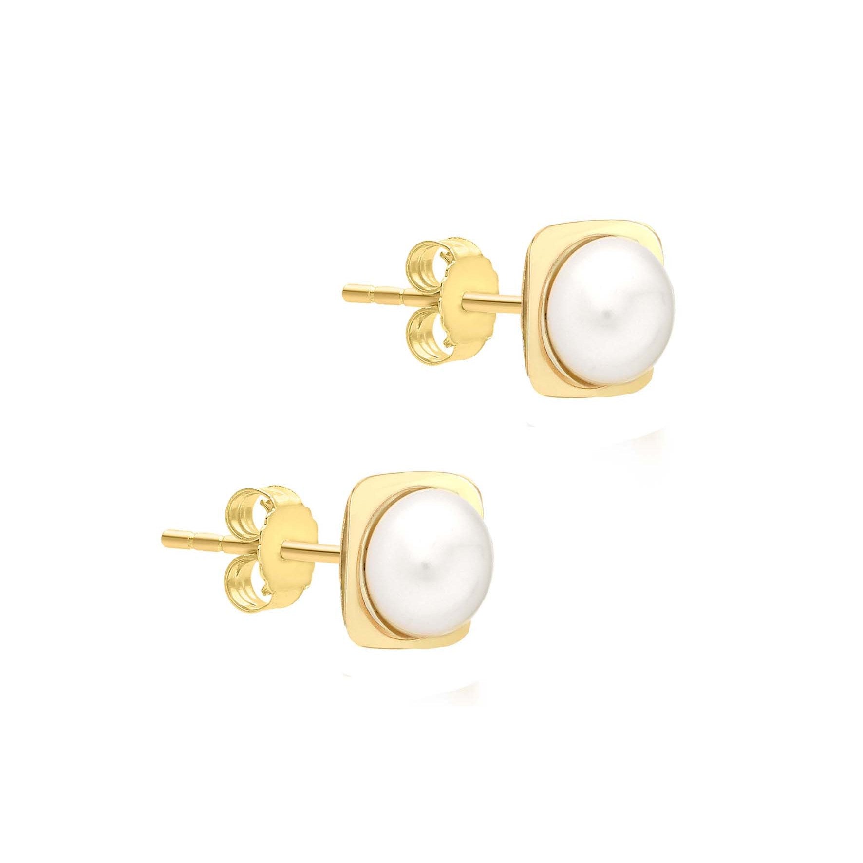 9ct Yellow Gold Small Pearl Square Stud Earrings