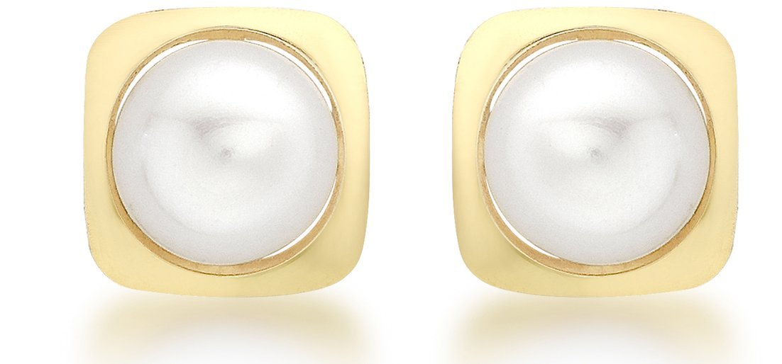 9ct Yellow Gold Small Pearl Square Stud Earrings