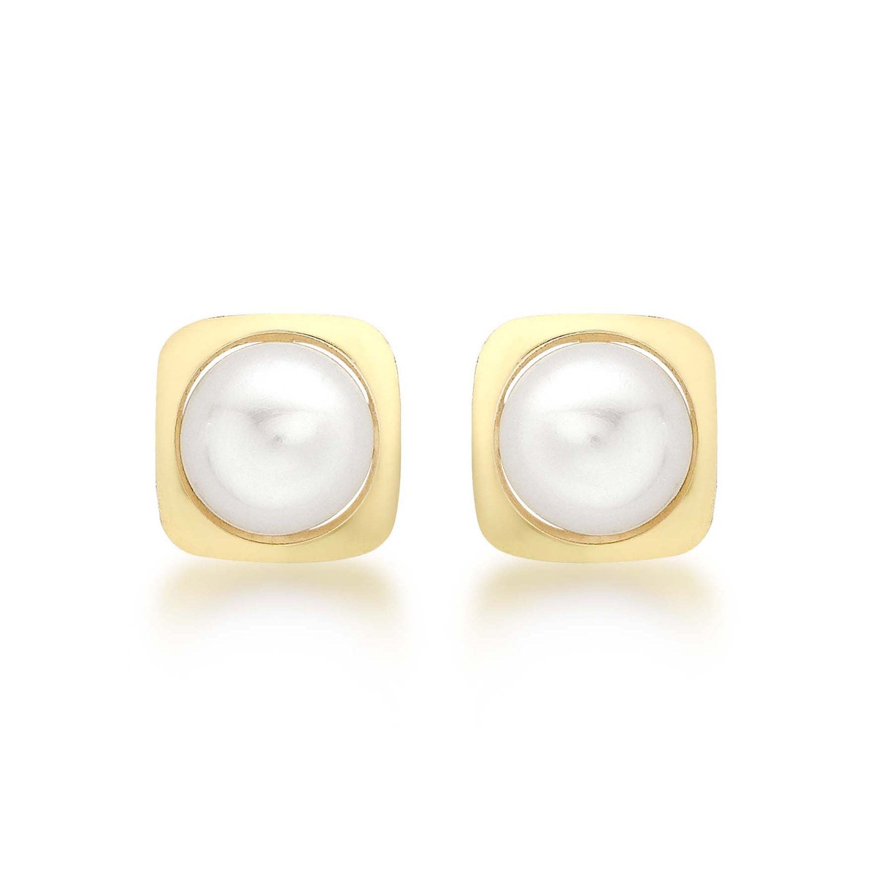 9ct Yellow Gold Small Pearl Square Stud Earrings