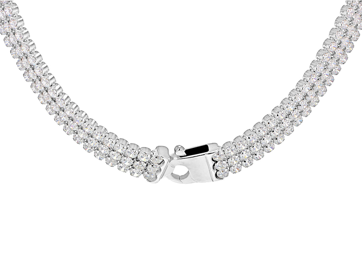 Silver 3 Row Round Cubic Zirconia Tennis Necklace - 17'