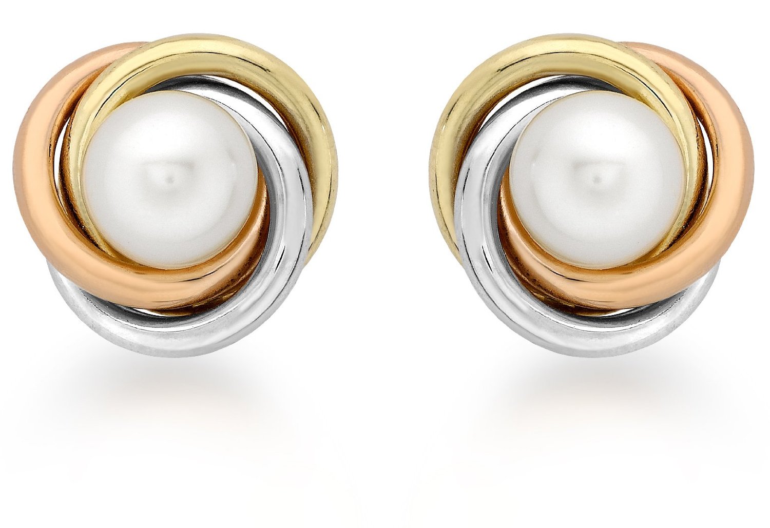 9ct Triple-Colour Gold Cultured Pearl Knot Stud Earrings