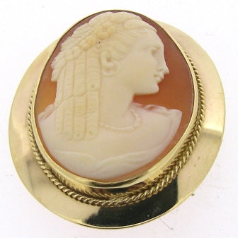 Vintage 9ct Yellow Gold Oval Cameo Brooch with Safety Chain