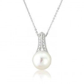 9ct White Gold Diamond and Pearl Pendant