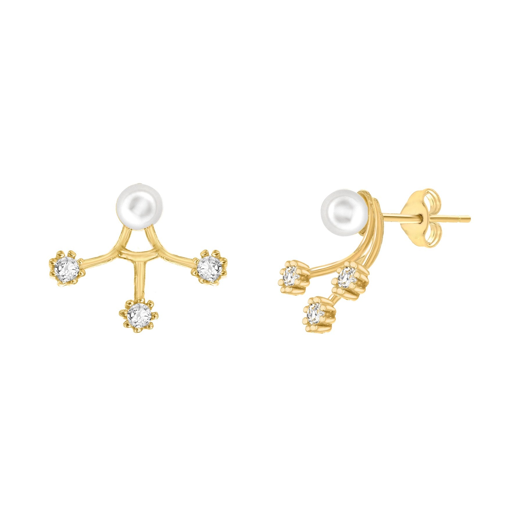 Elegant 9ct Yellow Gold CZ & Pearl Fan Jack Earrings