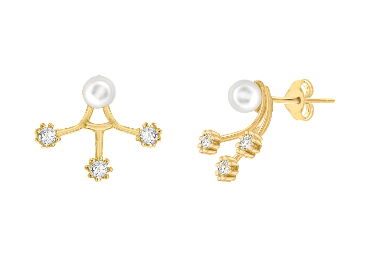 Elegant 9ct Yellow Gold CZ & Pearl Fan Jack Earrings