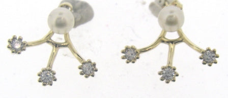 Elegant 9ct Yellow Gold Cubic Zirconia & Pearl Fan Jack Earrings