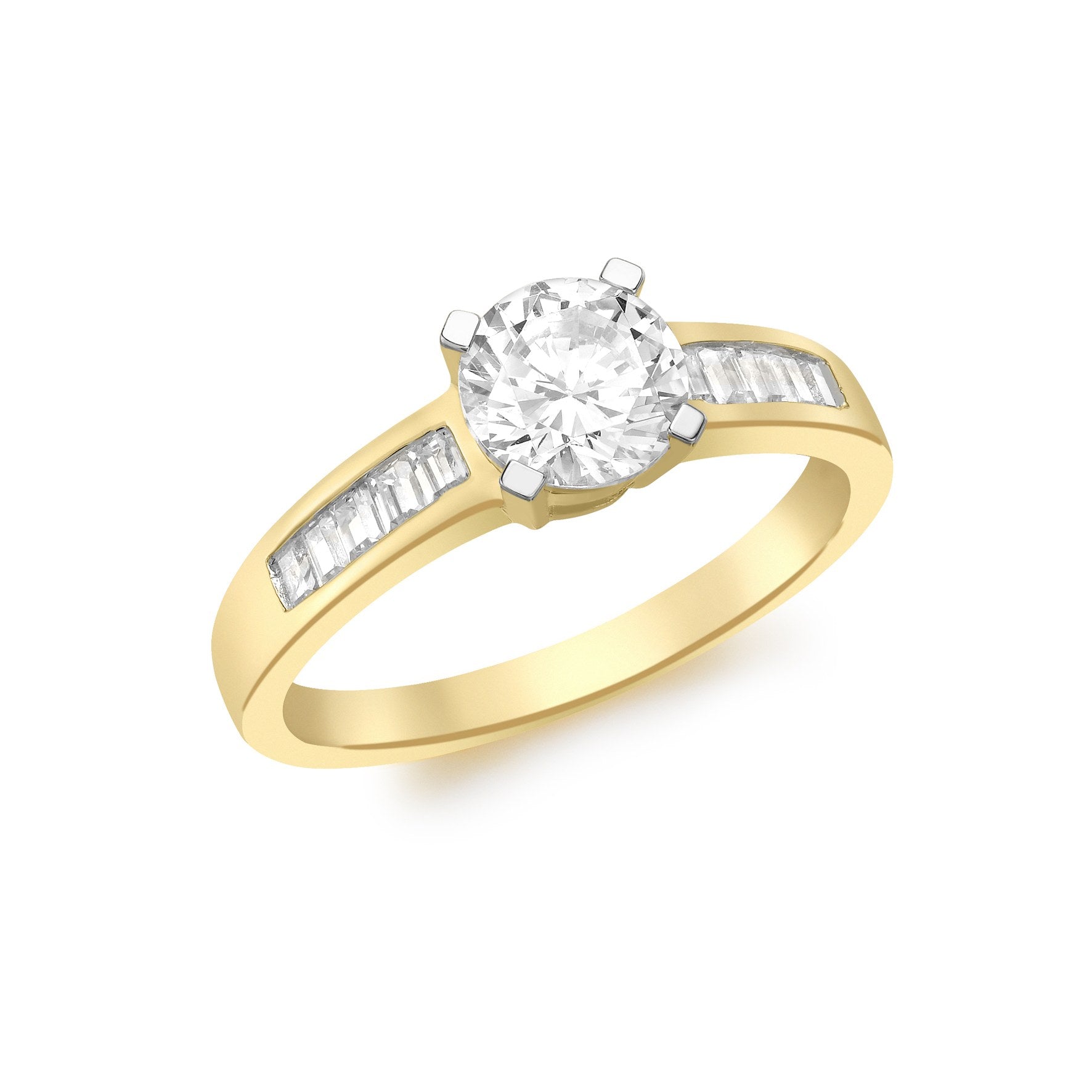 9k Yellow Gold Solitaire Cubic Zirconia & Baguette Cubic Zirconia Shoulder Ring