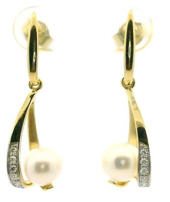 9ct Yellow and White Gold Pearl and Diamond Drop Earrings