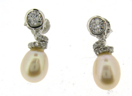 Sterling Silver Pearl and CZ Drop earrings