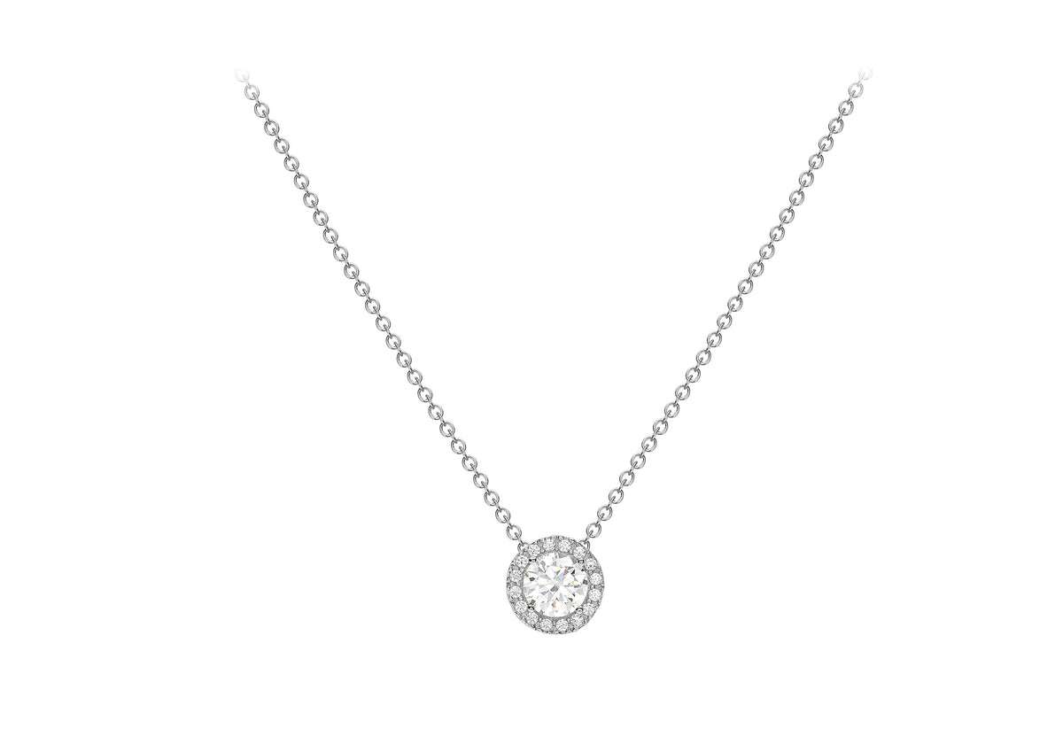 9ct White Gold Cubic Zirconia Halo Pendant & Chain 18'