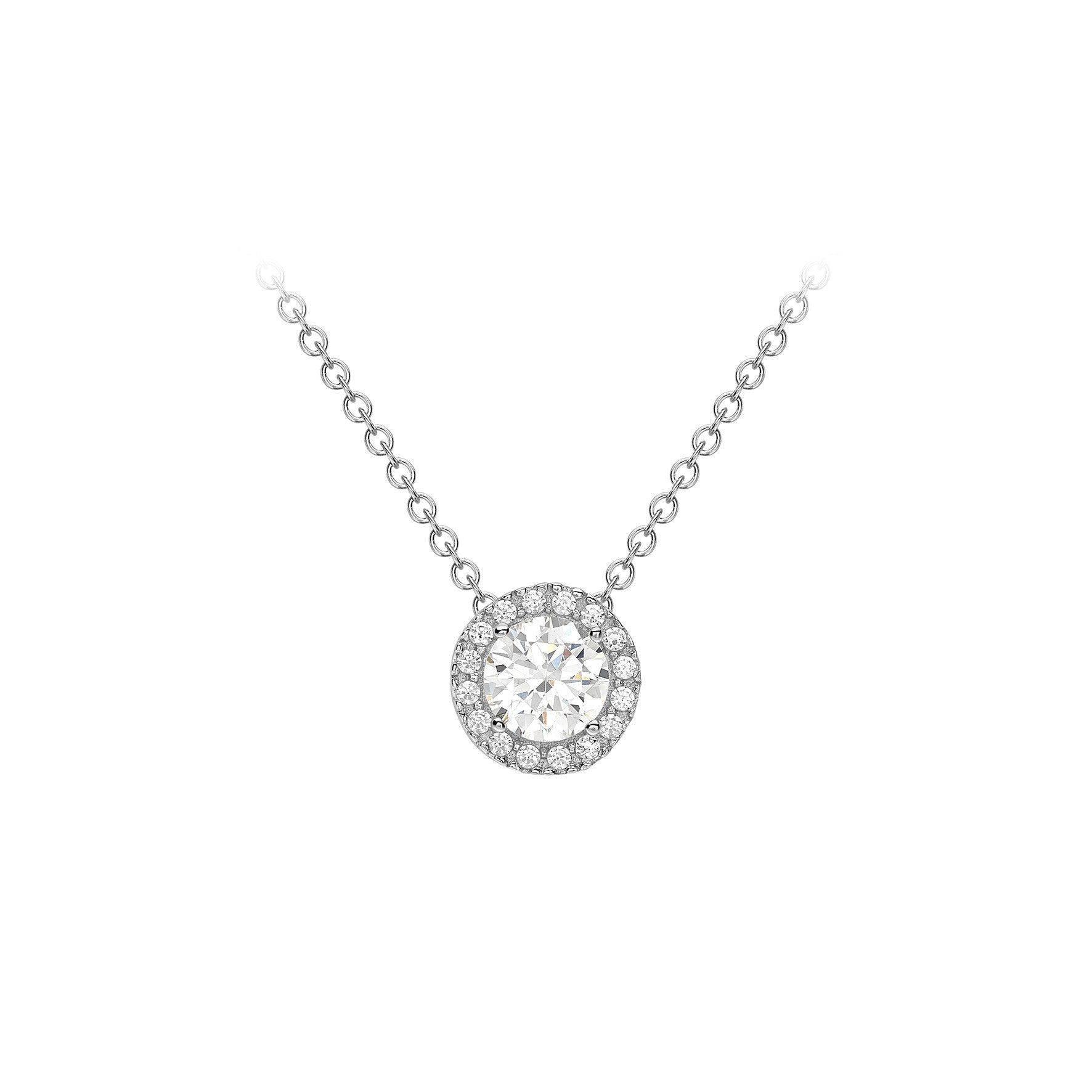9ct White Gold Cubic Zirconia Halo Pendant & Chain 18'