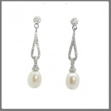 Sterling Silver Narrow Oval CZ & Fresh Water Pearl Drop Earrings
