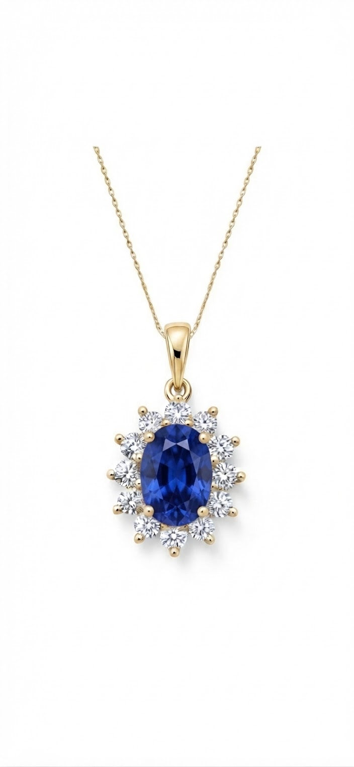 9ct Yellow Gold Cubic Zirconia And Created Sapphire Cluster Pendant 17-18"