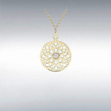 9ct Yellow Gold Cubic Zirconia Cutout Disc Pendant Necklace 16+2