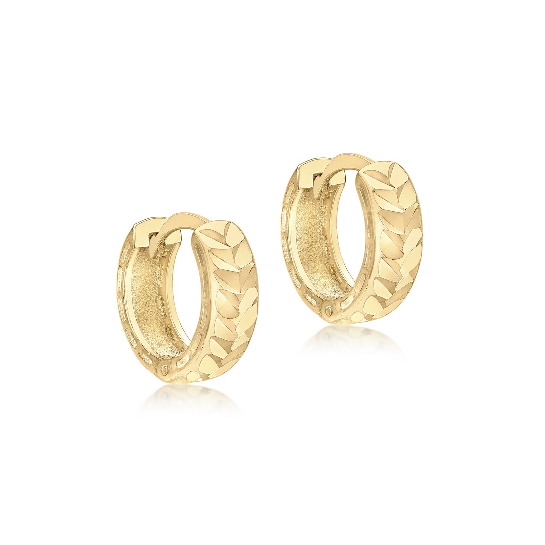 9ct Yellow Gold Diamond Cut Leaf Hoop Earrings 12.5mm