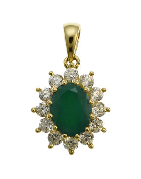 9ct Yellow Gold Green Agate and Cubic Zirconia Pendant 17-18"