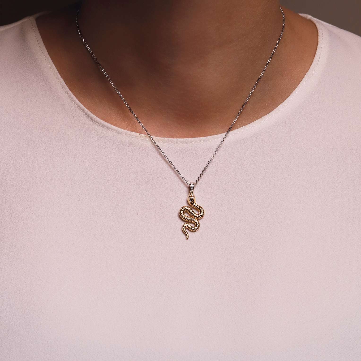 Ti Sento Sterling Silver & Yellow Gold Plated Cubic Zirconia Snake Pendant 38-48cm