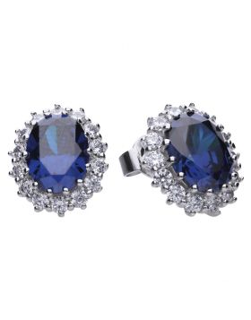 Diamondfire Sterling Silver Synthetic Sapphire And CZ Oval Cluster Earrings