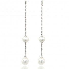Elegant 9ct White Gold Double Cultured Pearl Chain Drop Earrings