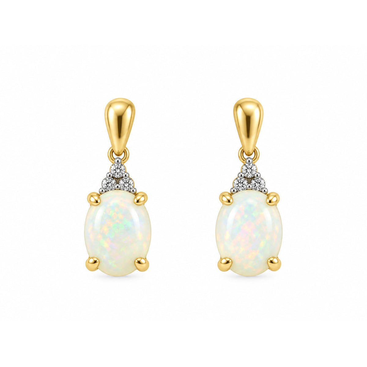 9ct Yellow Gold Oval Opal And Diamond Drop Earrings