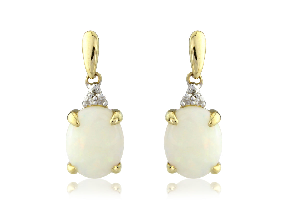 9ct Yellow Gold Oval Opal And Diamond Drop Earrings