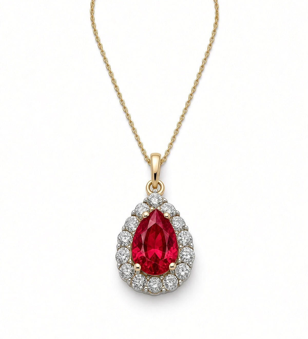 9ct Yellow Gold Created Pear Ruby And Cubic Zirconia Pendant