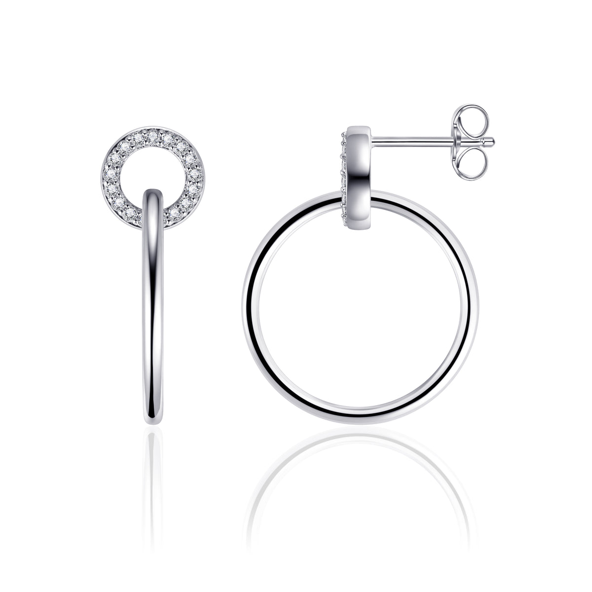 Sterling Silver CZ Circle Top With Plain Silver Circle Drop Earrings