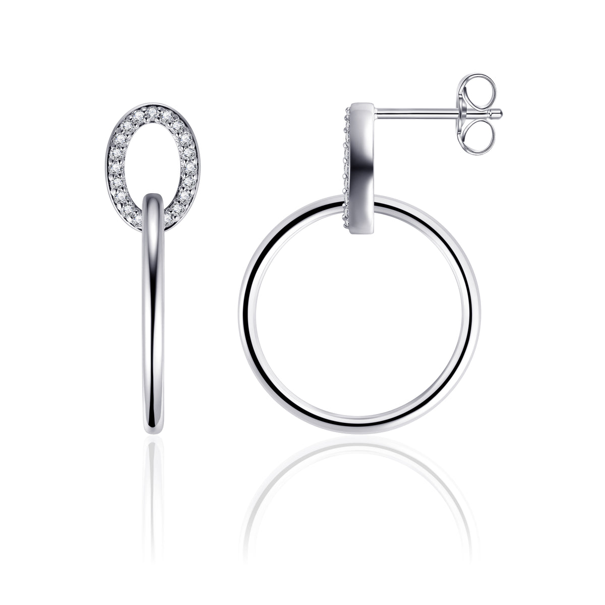 Sterling Silver CZ Oval Top With Plain Silver Circle Drop Earrings