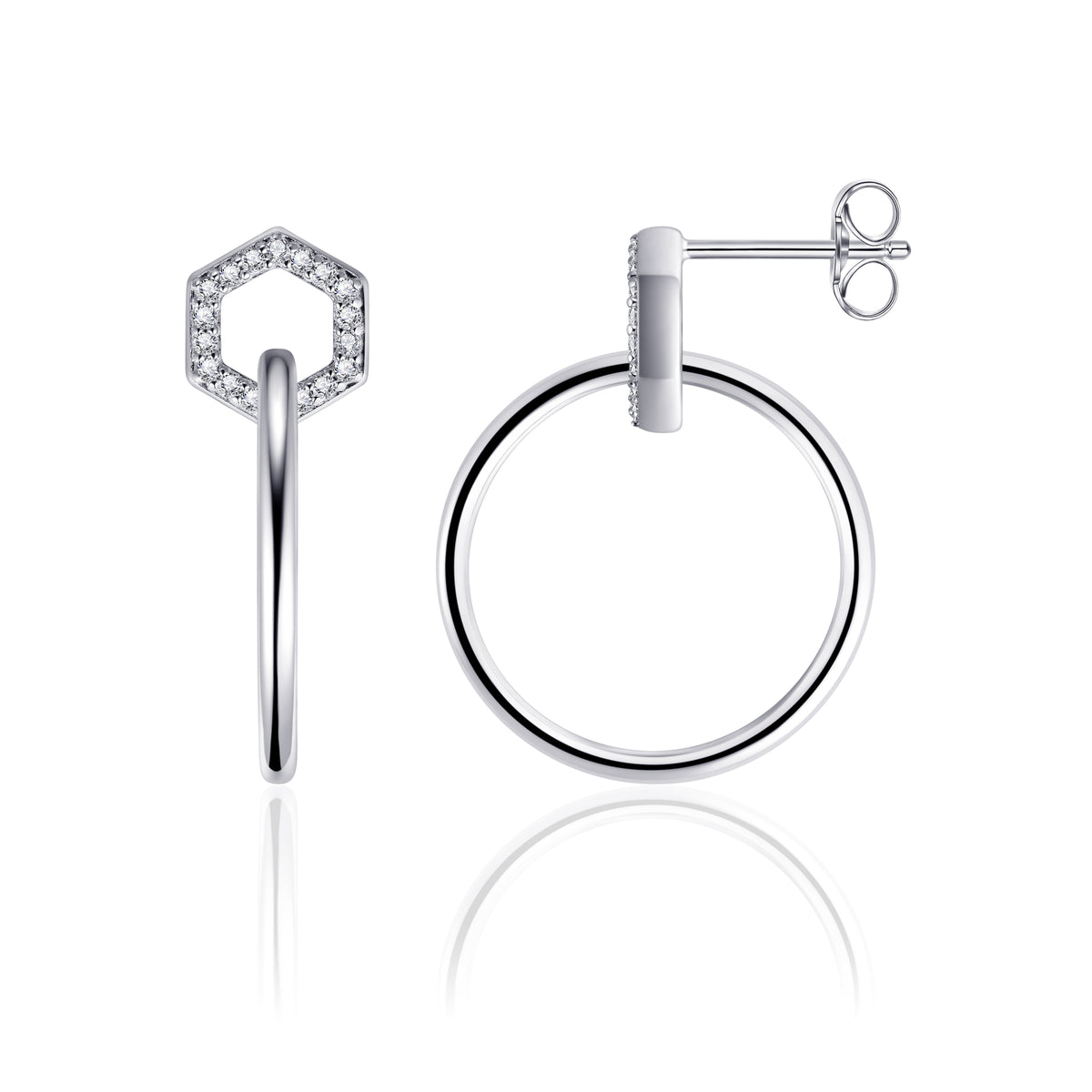 Sterling Silver CZ Hexagonal Top With Plain Silver Circle Drop Earrings