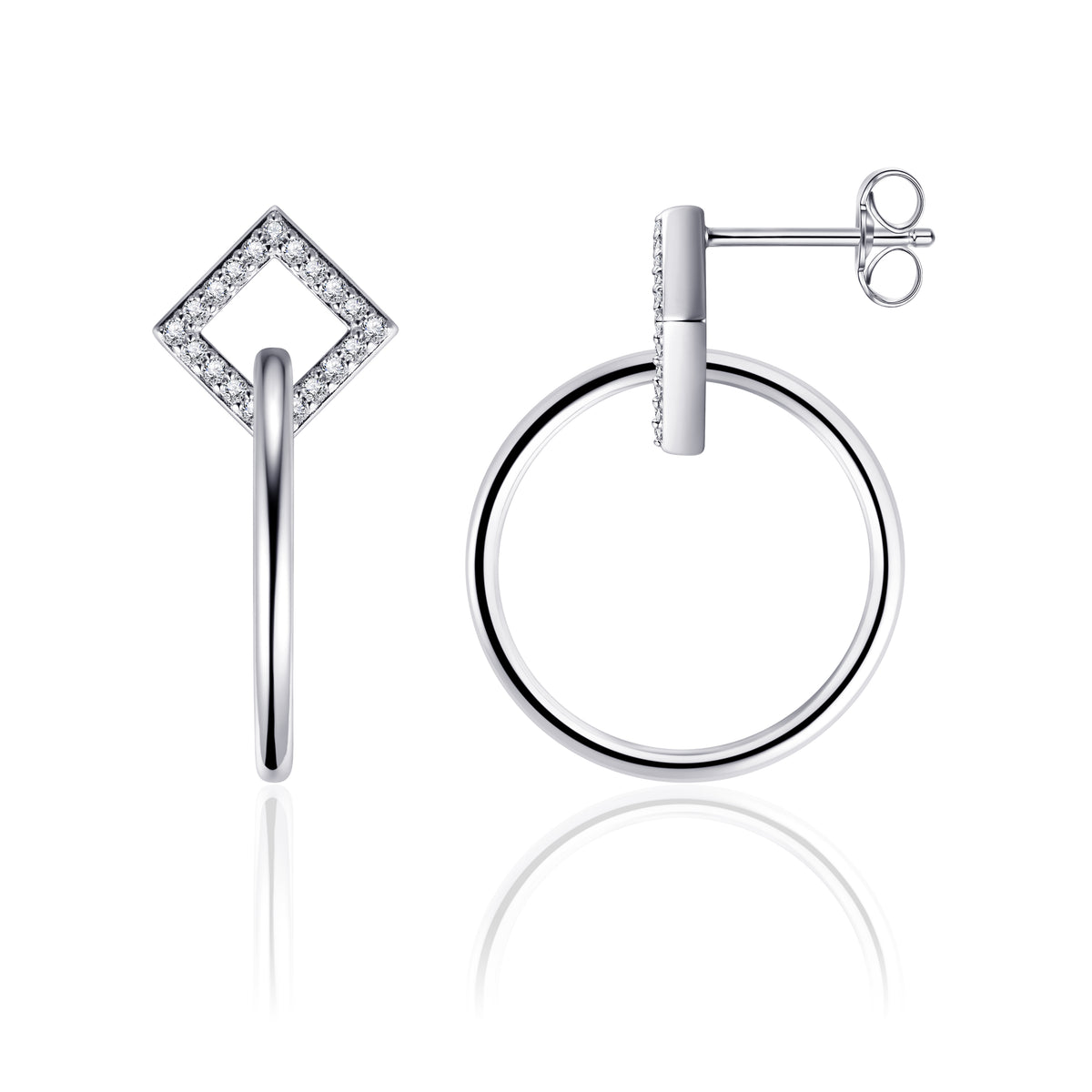 Sterling Silver CZ Square Top With Plain Silver Circle Drop Earrings