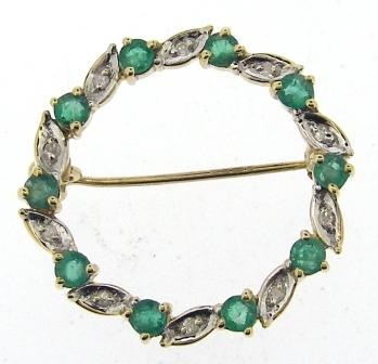 Vintage 9ct Yellow Gold Emerald And Diamond Circle Brooch