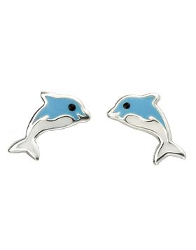 Sterling Silver Blue And White Enamel Dolphin Stud Earrings