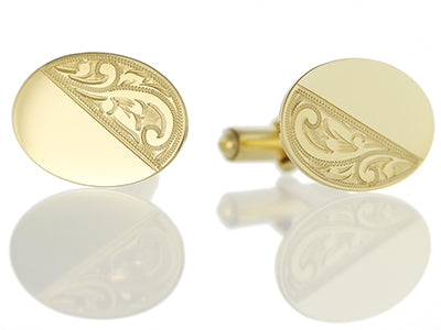 9ct Yellow Gold Half Engraved Oval Cufflinks Charm