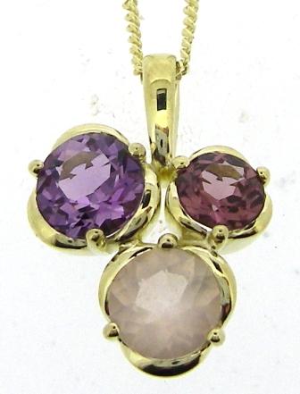 9ct Yellow Gold Amethyst, Rhodolithe & Rose Quartz Pendant