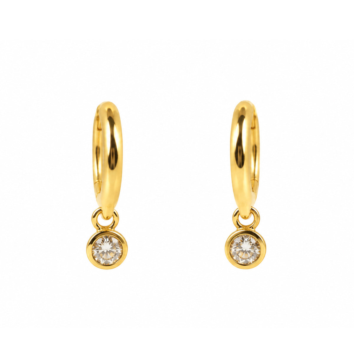 18ct Yellow Gold Small Hinged Hoop Earrings With Rubover Set Diamond Drop